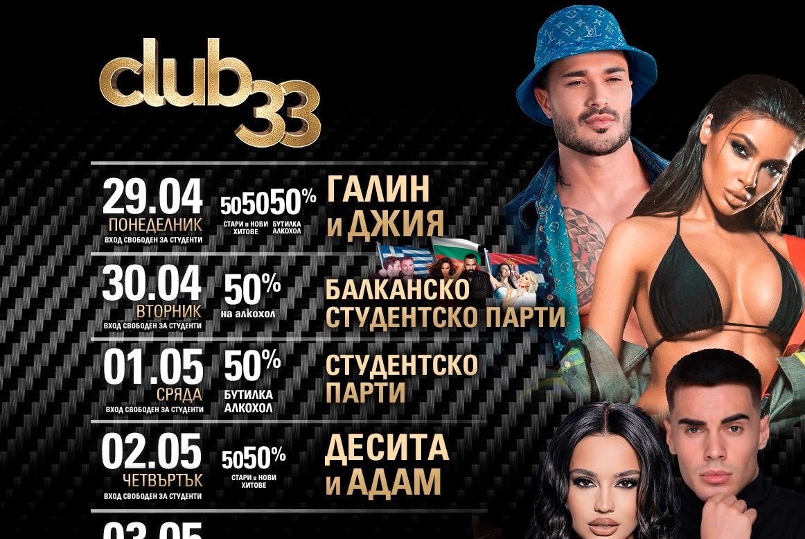 Галин и Джия дават ударен старт на новата седмица в Club 33, Десита и Адам забиват в четвъртък